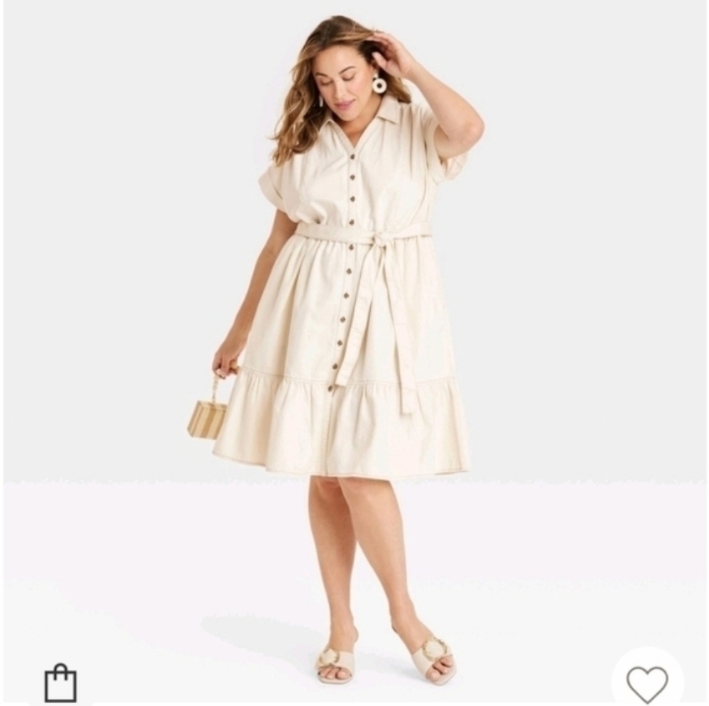 Ava & Viv Short Sleeve Denim Tiered Midi A-Line Dress - Cream Women's - Picture 3 of 6